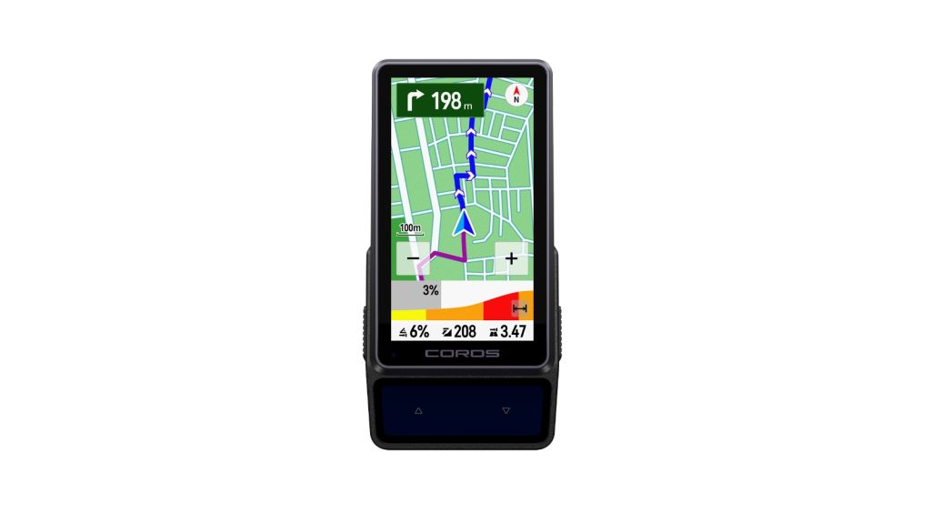 Ciclocomputador Coros Dura 2 Solar de frente con un mapa en pantalla